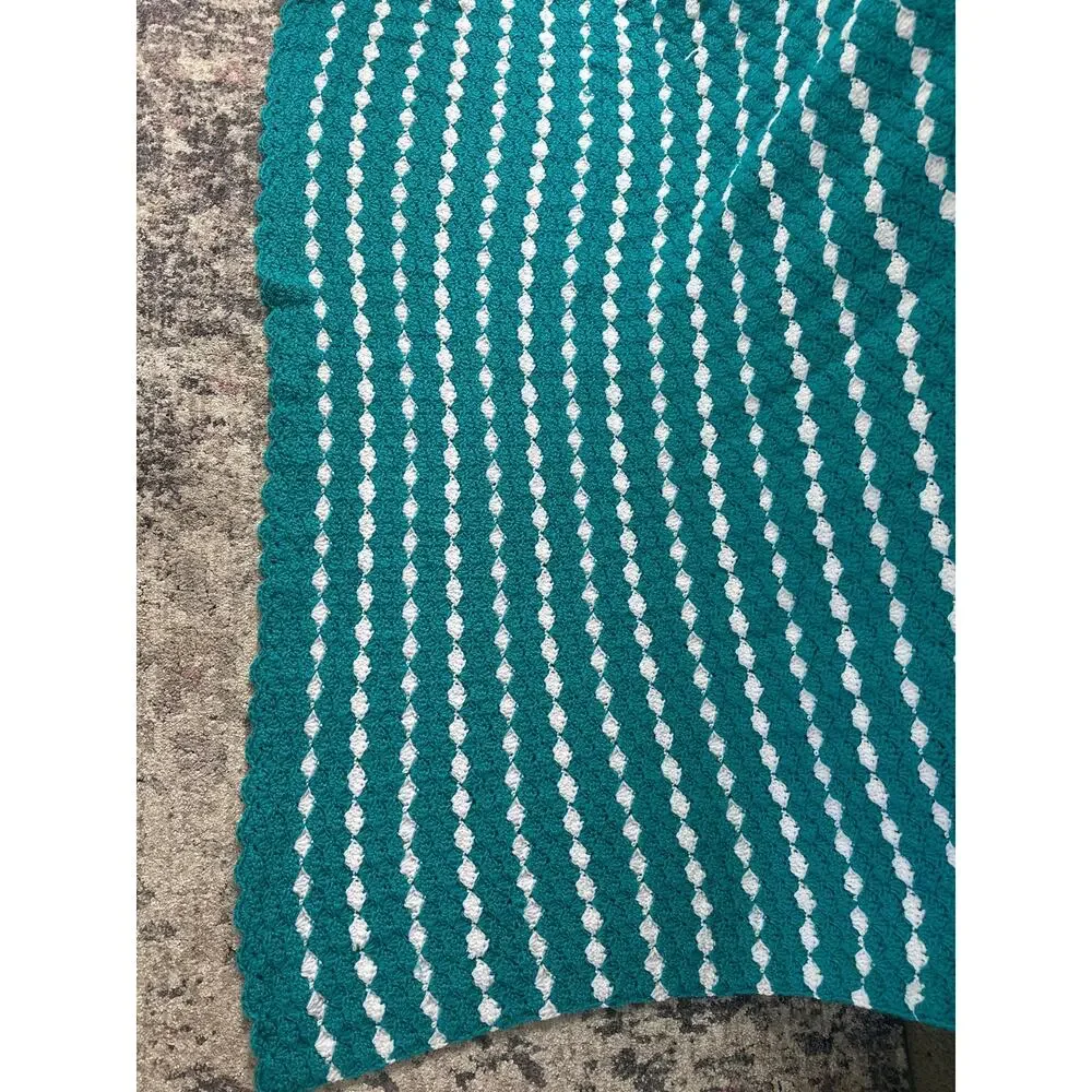 Handmade afghan crochet granny blanket teal turquoise and white stripe scalloped